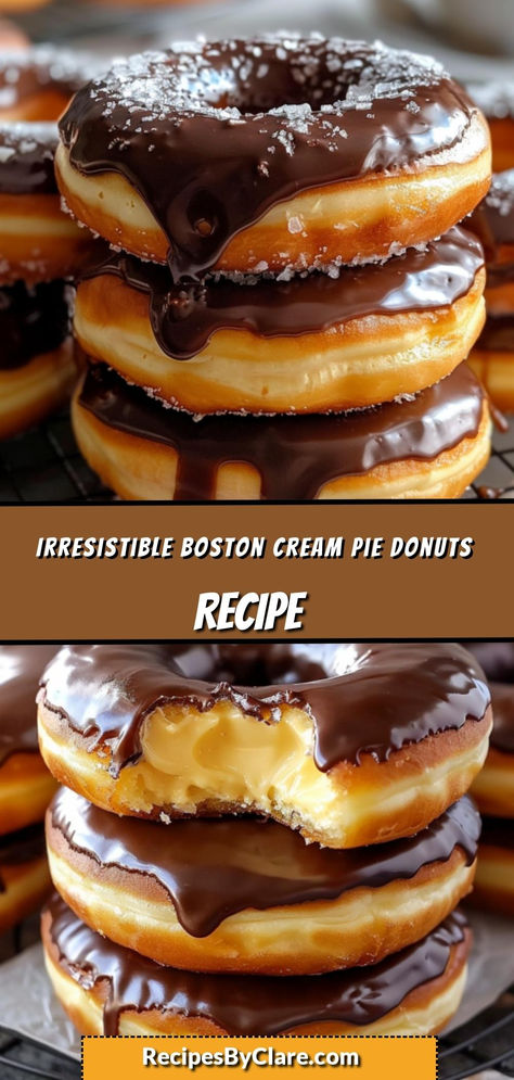 Enjoy these Creamy Boston Cream Donuts, filled with vanilla pudding and topped with a shiny chocolate ganache. Light, fluffy, and utterly irresistible, these donuts are a treat for any time of day!

Ingredients:

3 ½ cups all-purpose flour
1 cup vanilla pudding
1 cup chocolate ganache
Soft, sweet, and indulgent—these donuts are the ultimate comfort food! Saturday Appetizers, Donuts Filled, Cream Donut Recipe, Boston Creme Pie, Boston Cream Donut, Boston Cream Pie, Fun Deserts, Boston Cream, Homemade Donuts