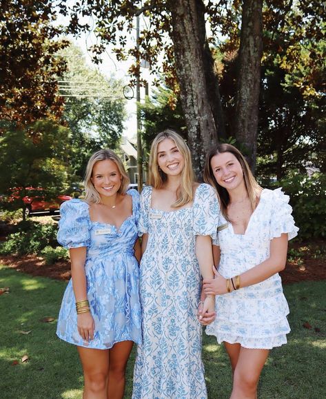 Blue Sorority Recruitment Outfits, Sisterhood Dresses Rush, Rush Open House Outfits, Blue Recruitment Dresses, Preference Dresses Sorority, Rush Week Outfits Philanthropy, Rush Philanthropy Day Outfit, Sorority Tea Party, Sisterhood Round Recruitment Outfit