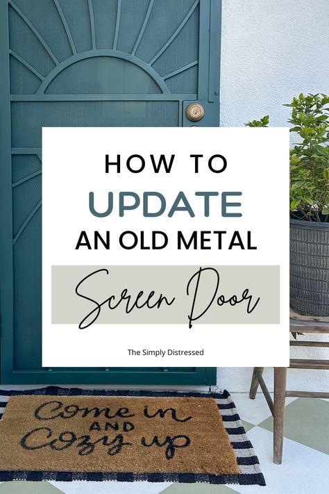 See how you can update your old metal screen door with a few steps. This simple and affordable DIY will make a big impact. Front Door With Screen Doors Metal, Painted Metal Screen Door, Painting Security Screen Door, Mcm Storm Door, Security Screen Door Makeover, Front Door With Security Door, Painting A Metal Screen Door, Painting A Screen Door, Painted Security Screen Door