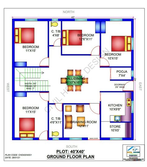 40x40 House Plans Layout, 40x40 House Plans, 4bhk House Plan, House Plans Layout, South Facing House, Two Storey House Plans, Learn Autocad, Housefull 4, 3 Storey House