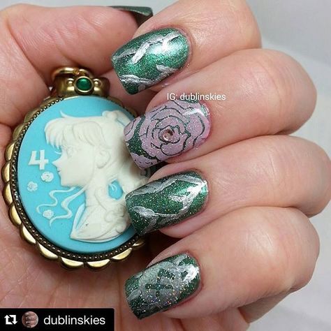 Sailor Jupiter nail art! The Rose is so sweet ! #Repost @dublinskies with @repostapp.  Sailor Jupiter. This was an easy design. Makoto had to be lightening and a pink rose. The base color on all fingers is @yumelacquer Courageous Thunder. The silver is Melrose Place by @cultcosmetics. The pink rose is Malibu also by Cult Cosmetics. Everything is topped with Fairy Dust by @chinaglazeofficial . Jupiter Nails, Melrose Place, Easy Design, Sailor Jupiter, Fairy Dust, So Sweet, The Rose, Pink Rose, Cute Nails