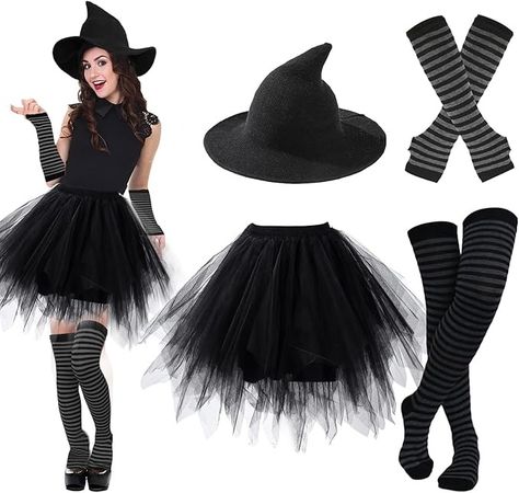 Amazon.com: Ibeauti Halloween Witch Costumes for Women Girls Gothic Cosplay Witch Hat Tutu Skirt Striped Knee High Socks Arm Warmers Set (Black) : Clothing, Shoes & Jewelry Easy Customes Halloween Women, Halloween Witch Costumes For Women, Homemade Witch Costume, Witch Costumes For Women, Halloween Witch Costumes, Cute Witch Costume, Witches Costumes For Women, Office Halloween Costumes, Gothic Cosplay