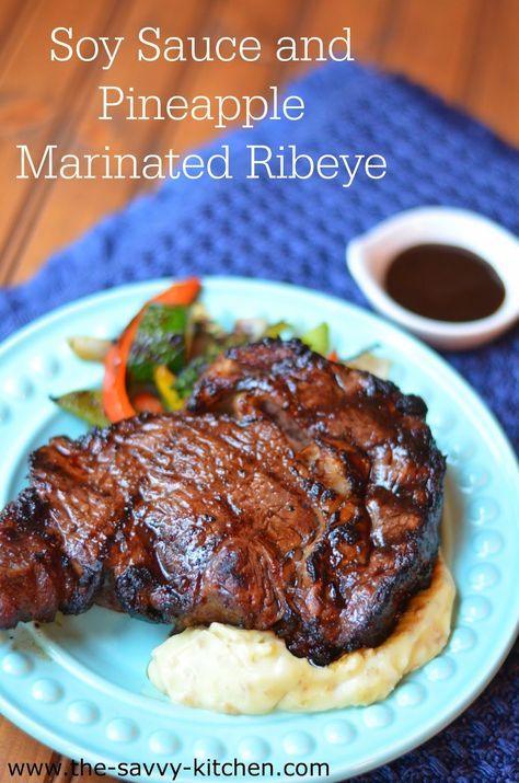 Pineapple Juice Marinade, Ribeye Steak Marinade, Marinated Steak Recipes, Good Steak Recipes, Rib Eye Recipes, Grilled Ribeye Steak, Ribeye Steak Recipes, Rib Sauce, Bbq Menu