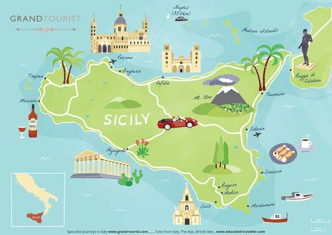 Illustrated map of Sicily for Grand Tourist on Behance Lake Agnes Tea House, Lake Agnes, Business Cartoons, China Map, Victorian Buildings, Tourist Map, Sicily Italy, Historical Novels, Trail Maps