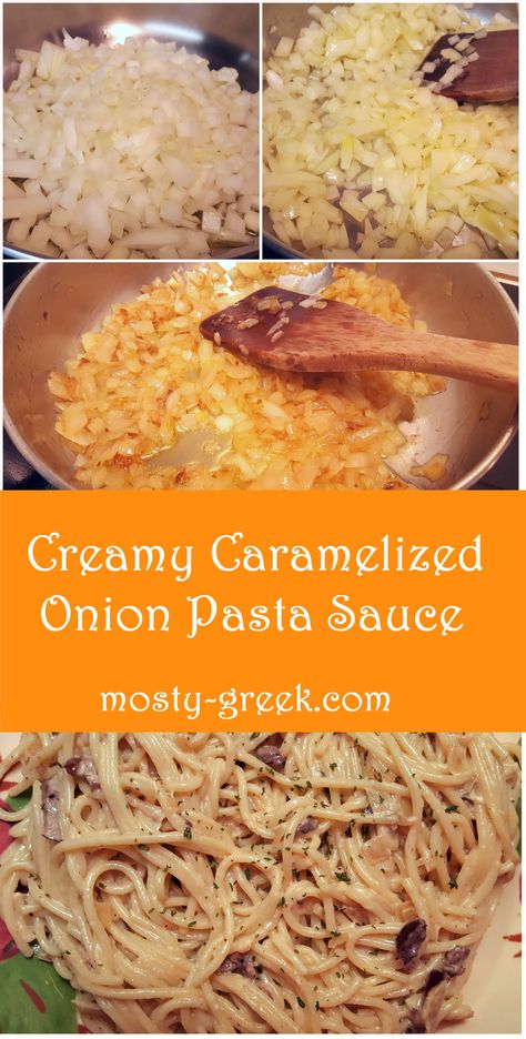 This pasta dish looks unassuming and plain, but don't be fooled.  The creamy sauce is built on a base of caramelized onion and white wine, with the earthy addition of thyme.  And as usual, it's easy to prepare! #pasta #greekcooking #greekfood #onion #mediterraneandiet #healthyfood #easyrecipes #dinnerrecipes Carmelized Onions Pasta, Carmalized Onion Pasta Recipes, Carmelized Onion Creamy Pasta, Carmelized Onion Pasta Recipes, Recipes With White Onion, Caramelized Onion Sauce, Caramelized Onion Pasta Sauce, Creamy Caramelized Onion Pasta, White Onion Recipes