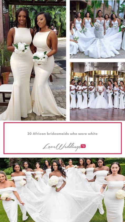 Bridesmaid Dresses In Nigeria, All White Wedding Bridesmaids Dresses Maids, White Bridesmaid Dress With Sweep Train, Chief Bridesmaid Dresses Nigerian, Ghanaian Wedding Traditional Bridesmaids, Nigerian Bridesmaid Dresses, African Bridesmaids, Fancy Wedding Dresses, Bridesmaid Inspiration