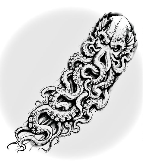 Octopus Tattoos Arm, Tattoo Ideas Octopus, Cthulhu Tattoo Design, Floral Octopus, Cthulhu Tattoo, Octopus Tattoo Sleeve, Kraken Tattoo, Sketch Style Tattoos, Cherub Tattoo