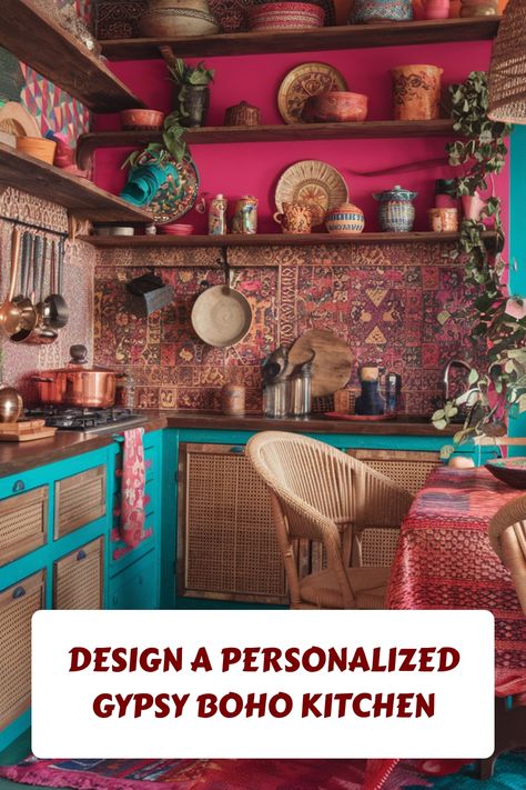 Vibrant kitchen with eclectic gypsy boho decor, featuring colorful patterns, plants, and rustic furnishings. Modern Eclectic Kitchen, Eccentric Kitchen, Kitchen Flooring Trends, Kitchen Tile Inspiration, Colors Mixing, Industrial Chic Kitchen, Ensuite Bathroom Designs, Rustic Industrial Kitchen, Compact Kitchen Design