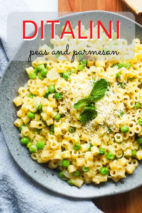 Peas And Parmesan Pasta, Ditalini Pasta Side Dish, Ditalini Pasta Recipes Easy, Peas With Pasta, Ditalini And Peas, Pasta Salad With Ditalini, Peas And Noodles, Parmesan Ditalini Pasta, Pasta With Peas And Parmesan