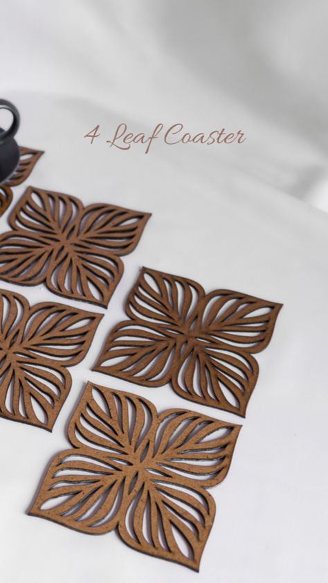 The 4 leaf coasters add rustic touch with it’s design inspired from nature Laser Cut Coaster, Laser Cut Wood Crafts, Waste Paper, Lasercut Design, Wood Cutouts, Four Leaf, Laser Cut Wood, Wooden Decor, Trivets