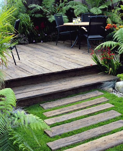 First Steps in Garden Design, landscape design, landscape architecture, stairs, walkway, deck, backyard patio, back porch Have Inspiration, Outdoor Inspirations, Deck Garden, Plants And Flowers, The Deck, Back Garden, Small Gardens, Garden Spaces, Outdoor Design