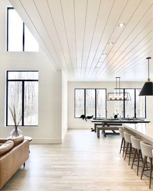 Living Room Empty, A House We Built, Space Between Us, Shiplap Ceiling, Dining Room Windows, Open Space Living, Window Room, High Ceilings, House Inspo