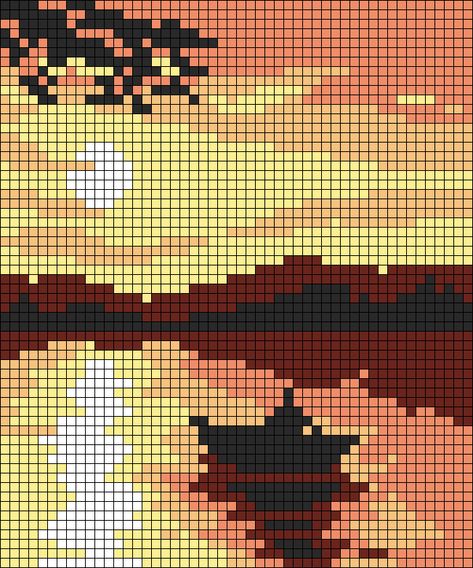 Sunset Tapestry Crochet, Pixel Sunset Art, Cardinal Alpha Pattern, Pixel Art Pattern 20x20, Alpha Pattern Mountain, Pixel Landscape Art, Sunset Alpha Pattern, Crochet Tapestry Grid Pattern, Landscape Alpha Pattern