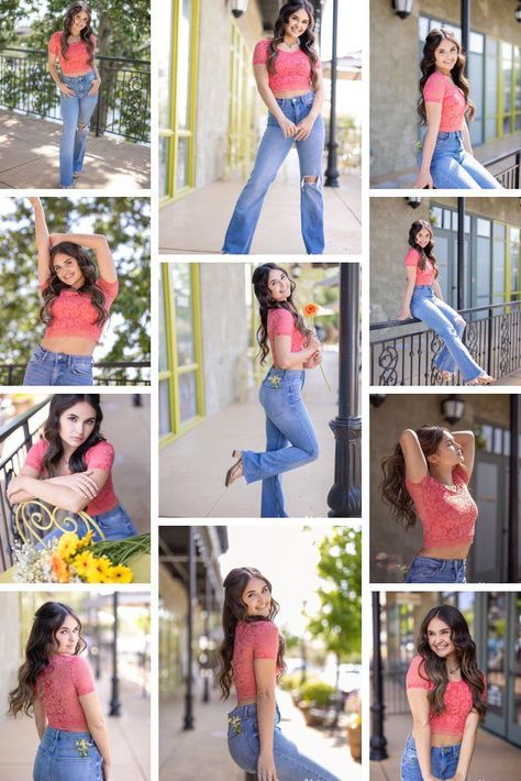 Casual Outfits Poses, Poses On Jeans For Women, Selfie Poses Ideas Girly, Jens Top Photoshoot Pose, Poses With Crop Top, Jeans And Crop Top Photoshoot, Crop Top Pose Ideas, Crop Tops Outfits Aesthetic, Female High School Senior Pictures