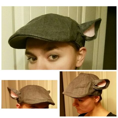 My mom sewed rat ears on this newsboy hat for Templeton. Just an option for us to consider -Grace Rat Ears Diy, Templeton The Rat Costume, Rat Costume Diy, Rat Cosplay, Templeton The Rat, Animal Ear Hat, Charlotte Web Costume, Narnia Costumes, Rat Costume