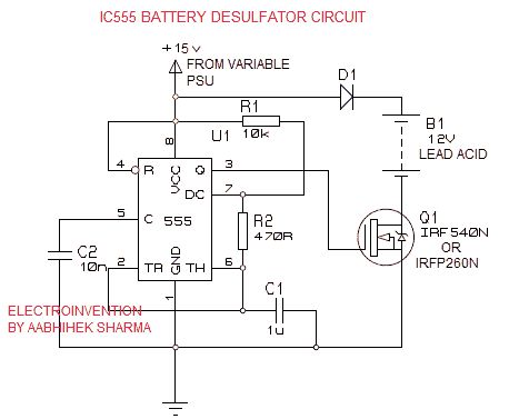 IC555 Lead Acid battery Desulfator Circuit.Desulfation is a reversal process to remove sulfation from a dead or sulfated battery. Desulfation is to restore a battery by breaking and removing the lead sulfates crystals from the battery electrodes, either fully or partially.Desulfation either restores the battery to it’s full potential or upto 60-70% sometimes. Perhaps, there is no such specific percentages, but, though it works very well. Sometimes fully and sometimes almost. Battery Desulfator Circuit, Amplificatori Audio, Lead Acid Battery Charger, Battery Charger Circuit, Solar Tracker, Batteries Diy, Power Supply Circuit, Electrical Circuit Diagram, Battery Repair