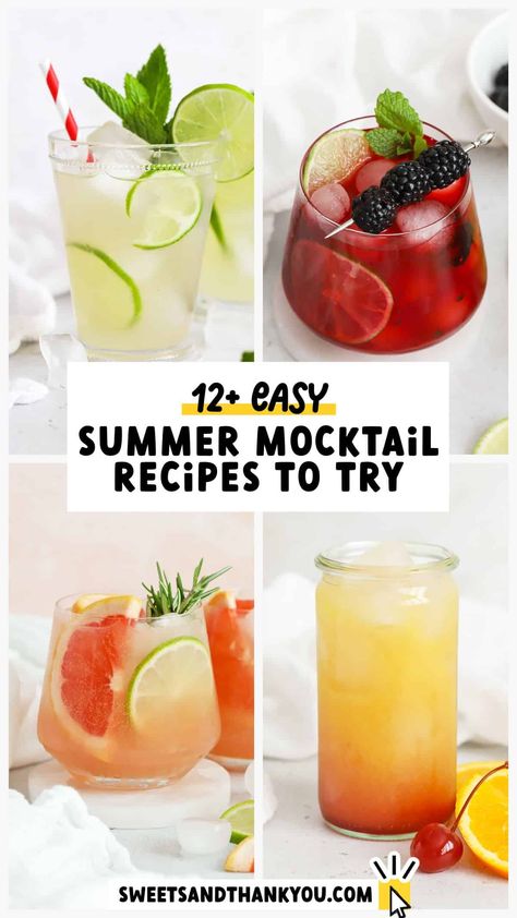 Cool off with these 13+ summer mocktail recipes! These delicious non-alcoholic summer drinks will help you beat the heat in style. From fruity mocktails to fun flavors of lemonade to classic virign drinks like virgin palomas and mojitos, there's a summer mocktail recipe for every occasion. Fruity Drinks Non Alcoholic Recipes, Alcohol Free Drinks Summer, Signature Drinks Non Alcoholic, Mocktails Mojito Non Alcoholic, Easy Summer Mocktail Recipe, Best Mocktails For Summer, Fruity Mocktail Recipes, Summer Virgin Drinks, Night Mocktail Recipe