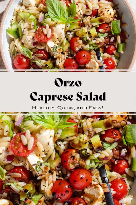 Try this refreshing Orzo Caprese Salad for a delightful twist on a classic dish! Cooked orzo pasta is combined with juicy cherry tomatoes, fresh basil leaves, and creamy mozzarella balls. The salad is dressed with a super simple balsamic dressing with an extra drizzle of balsamic glaze. It's perfect as a light lunch or a side dish for any occasion. Mozzarella Ball Pasta Salad, Caprese Orzo Salad, Pasta Caprese Salad, Pasta Salad Caprese, Caprese Salad Pasta, Balsamic Pasta Salad, Caprese Orzo, Veg Salads, Orzo Pasta Recipes