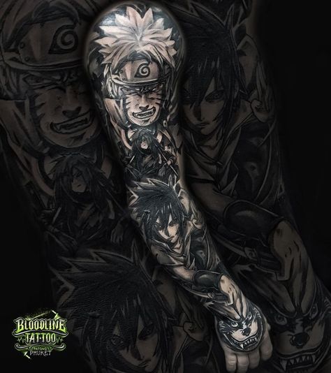 Anime Arm Sleeve Tattoo For Men, Naruto Arm Sleeve Tattoo, Full Arm Anime Tattoo, Arm Tattoo Men Anime, Sleeve Tattoo Anime, Naruto Sleeve Tattoo, Anime Hand Tattoo, Naruto Sleeve, Bloodline Tattoo