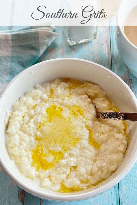 A bowl of southern grits. Creamy Grits Heavy Cream, Grits Quiche Southern Living, Are Grits Healthy, Southern Style Grits, Creamy Dreamy Grits, Buttery Recipes, Southern Grits, Creamy Grits, Southern Breakfast