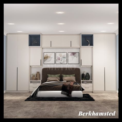 Maximise the space in your small bedroom with Berkhamsted Over the bed Storage Bedroom With Wardrobe On Both Sides, Bed With Side Wardrobe, Bed Side Wardrobe Design, Bed With Wardrobes Either Side, Bed Between Wardrobes, Over The Bed Storage, Elevation Render, Wardrobe Inside Design, Wardrobe Inside