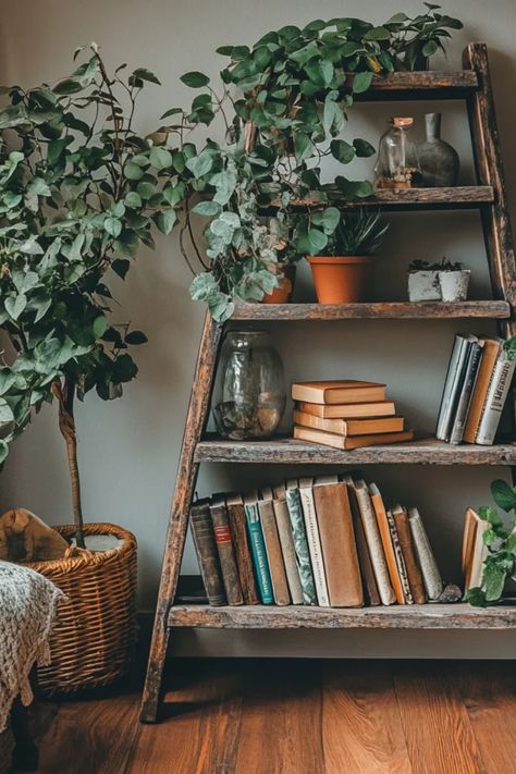 DIY project showcasing a transformed old ladder into a stylish shelf, perfect for organizing and displaying decorative items. Great for adding charm to any space. Ladder On Wall Decor, Ladder Repurpose Ideas, Ladder On Wall, Diy Ladder Bookshelf, Farmhouse Corner Shelf, Homemade Bookshelves, Repurposed Ladders, Ladder Shelf Diy, Books And Plants