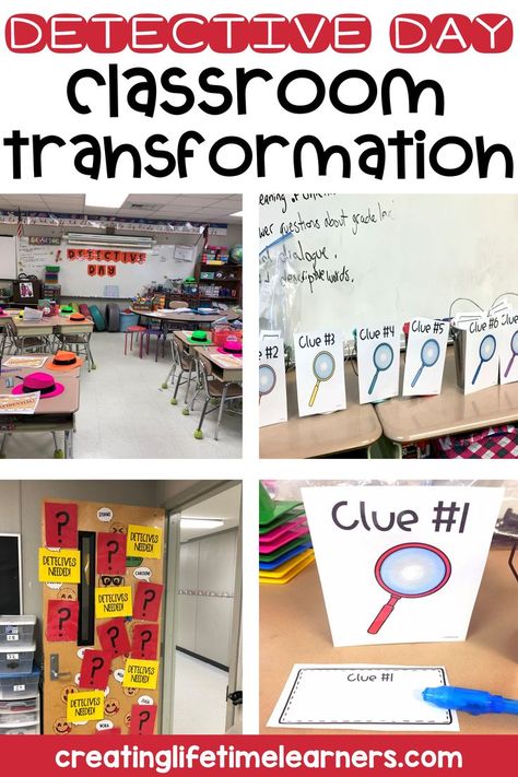 Theme Third Grade, Detective Themed Classroom, Construction Theme Classroom, Mystery Unit, Detective Theme, Mystery Room, First Second Third, Day Room, Classroom Transformation