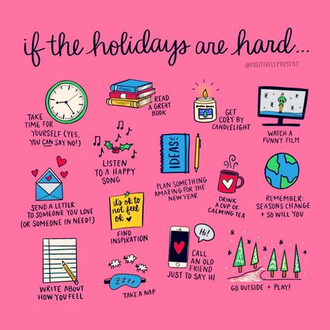 It’s okay if you’re not feeling merry and bright right now. You’re not alone. Lots of people struggle during the holidays, so I updated my “when you feel sad” illustration for the holiday season in the hope that it might help someone feel just a little bit better. 💗 If you’re having a tough time, hang in there. Soon it’ll be a brand new year! 🎉 Holidays Are Hard Quotes, Selamat Hari Valentine, New Year's Drinks, Quotes Calligraphy, Funny Watch, Quotes Christmas, Hard Quotes, No Rain, Self Care Activities