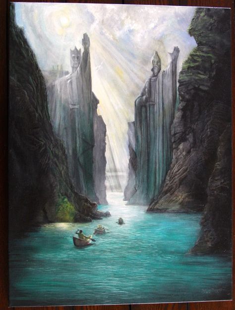 Gates of Argonath - fan art - painting - lotr - picture - acrylic painting - lord of the rings painting #LOTR #fanArt - lord of the rings art - by: Jess Parro Lotr Pictures, The Argonath, The Lord Of The Rings Painting, Lord Of The Rings Painting Ideas, Lord Of The Rings Paintings, Lotr Painting Ideas, Lotr Paintings, Lord Of The Rings Painting, Lord Of The Rings Art