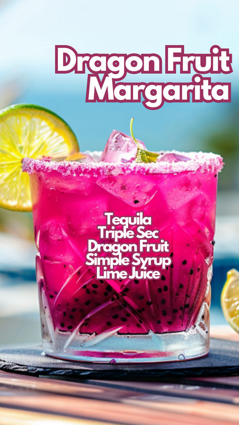 Dragon Fruit Margarita Mix Drinks Alcoholic Tequila, Dragon Fruit Margarita, Drink Board Ideas, Dragonfruit Margarita, Dragon Fruit Margarita Recipe, Dragonfruit Cocktail, Dragon Fruit Cocktail, Tequila Cocktails Recipes, Dragon Fruit Drink