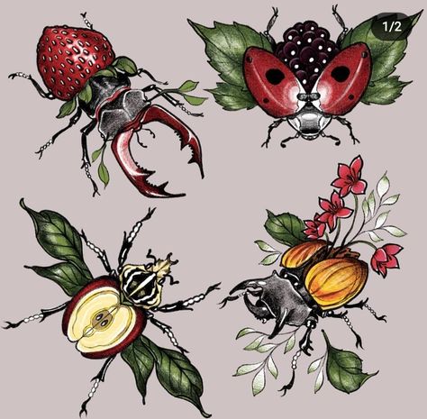 Fruits Tattoo, Holiday Tattoos, Fantasy Tattoo, Halloween Flash, Tattoo Leg, Bug Tattoo, Tattoo Board, Bug Art, Horror Tattoo