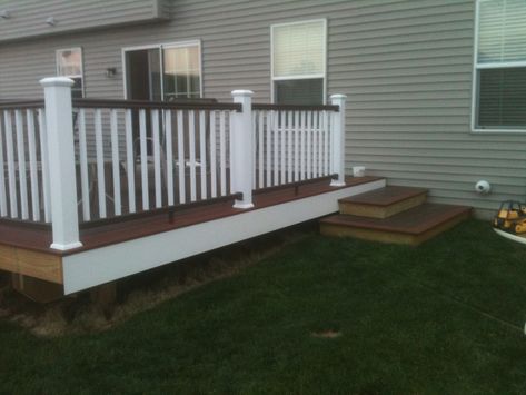 Brown rails and white balusters White Balusters, Deck Painting, Brown Deck, Vinyl Shake Siding, Deck Upgrade, Prefinished Hardwood Floors, Maple Hardwood Floors, White Deck, Hickory Hardwood Floors