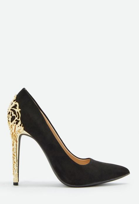 Dark Weddings, Black Gold Heels, Black And Gold Shoes, Lady Shoes, Midsize Fashion, Dark Wedding, Embellished Heels, Perfect Denim, Elegant Lady