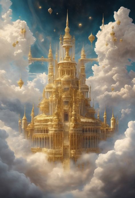 Celestial Cloud Palace Check more at https://paintlyx.com/celestial-cloud-palace/ Cloud Kingdom Aesthetic, Japanese Fortress, Celestial Palace, Cloud Palace, Heaven City, Magical Locations, Sky Palace, Floating Palace, Sun Palace