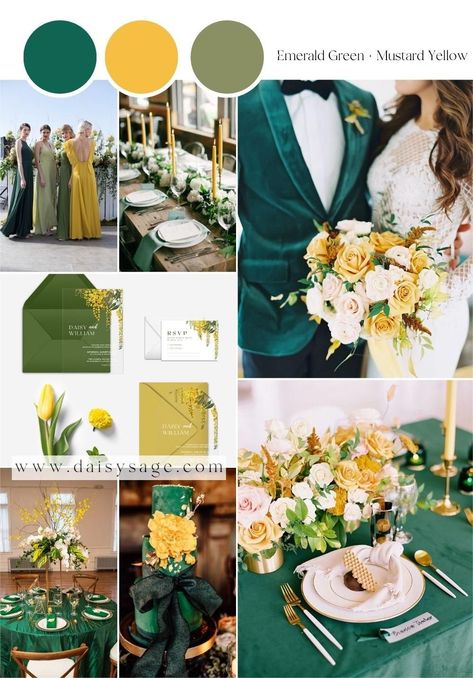 Emerald Green and Mustard Yellow Wedding Color Palette Green Wedding Color Schemes, Wedding Color Schemes Green, Yellow Wisteria, Mustard Yellow Wedding, Marigold Wedding, Mustard Wedding, Yellow Wedding Colors, Wedding Color Schemes Spring, Emerald Green Wedding