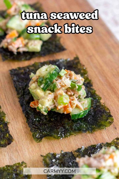 These easy tuna seaweed snack bites are a quick and healthy option, perfect for when you’re not in the mood to cook. It’s like a homemade tuna snack kit that you can whip up in no time. Seaweed Appetizers, Tuna Snack Ideas, Healthy Snacks Tuna, Tuna Sushi Bites, Seaweed Sandwich, Seaweed Snack Ideas, Tuna Seaweed Wrap, Tuna And Cucumber Healthy Snacks, Tuna And Seaweed Snack