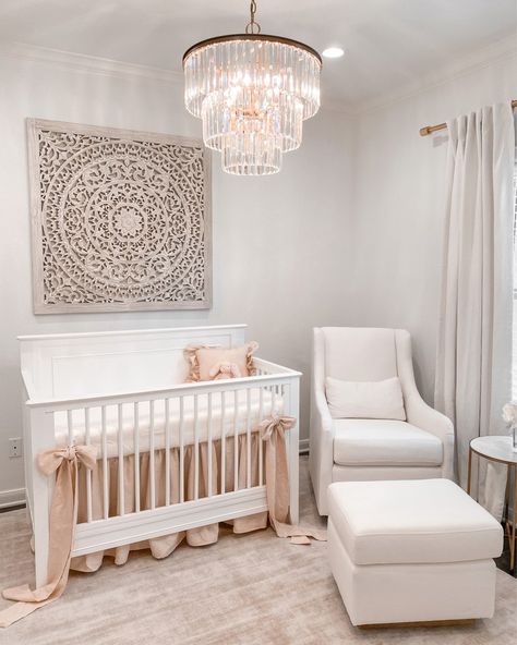 Nursery With Chandelier, Glam Nursery Ideas, Restoration Hardware Nursery, Classy Nursery, Modern Baby Girl Nursery, Neutral Girl Nursery, Lily Nursery, Leena Snoubar, Glam Nursery