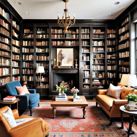 Library Wall With Fireplace, Classic Library Design, Bridgerton Library, Office And Library Combo, Home Library Vintage, Office Library Combo, Home Library With Fireplace, Library Sitting Room, Goth Farmhouse