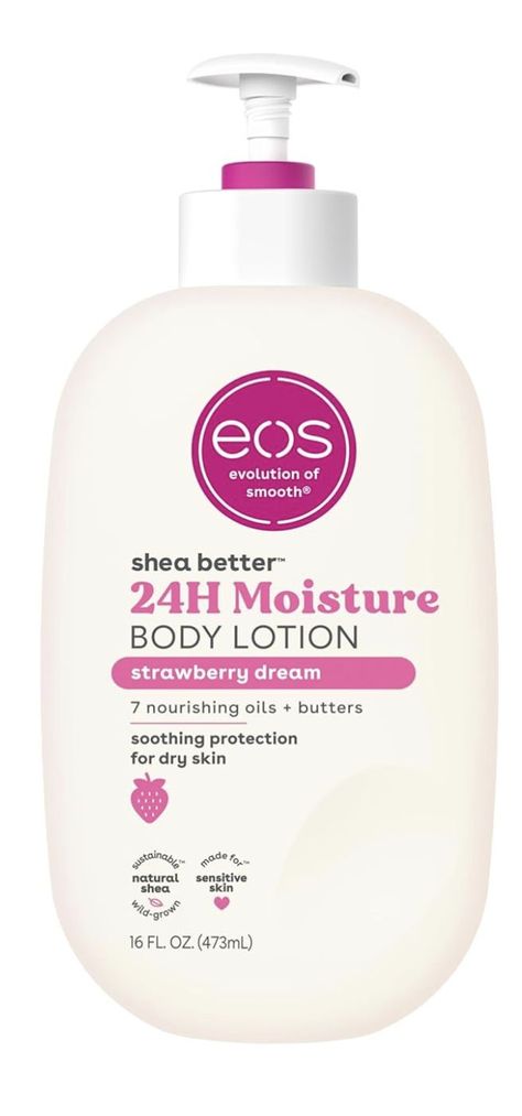 STRAWBERRY DREAM: Features notes of sparkling strawberry, pink sugar & vanilla cream. 24-HOUR MOISTURE FOR YOUR BODY: Soothe and protect your skin with our lightweight and non-greasy lotion. No sticky residue or heaviness, just all-day hydration and smooth skin. Strawberry Cream Eos, Eos Strawberry Dream, Strawberry Lotion, Eos Lotion, Realistic Wishlist, Vanilla Body Wash, Black Hair Video, Floral Scents, Xmas Wishlist