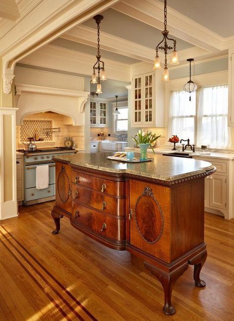 Rustic antique kitchen idea. Antique Kitchen Island, Ceiling Color, French Cabinet, Space Lighting, Country Kitchen Designs, Kabinet Dapur, French Country Kitchens, Kitchen Buffet, Charming Kitchen