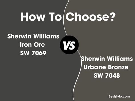 Urbane Bronze vs Iron Ore Iron Ore Vs Tricorn Black, Urbane Bronze Sherwin Williams, Rainwashed Sherwin Williams, Benjamin Moore Wrought Iron, Urbane Bronze, Brown Paint Colors, Benjamin Moore White, The Undertones, Cream Walls