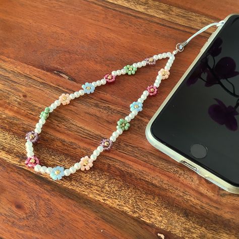 Pearl & beaded flower phone strap, faux pearl and seed bead flowers, colourful daisy charm straps, mobile accessories gift Seed Bead Phone Charm, Pearl Wax, Flowers Colourful, Business Jewelry, Bead Flowers, Seed Bead Flowers, Daisy Charm, Bead Charms Diy, Phone Charms