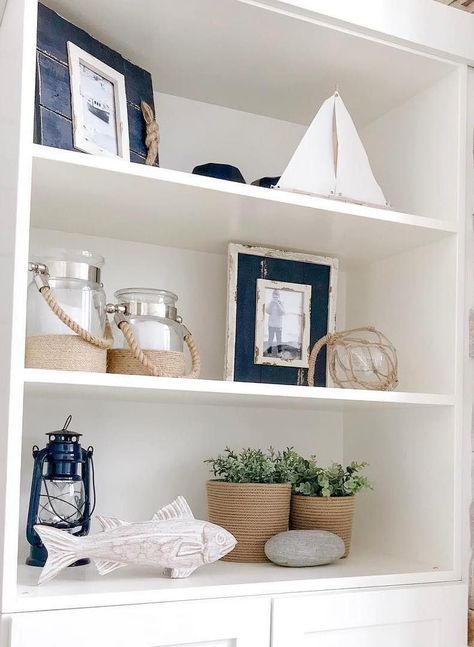 Coastal Shelf Decor, Modern Nautical Decor, Nautical Decor Living Room, Coastal Kitchen Decor, Floating Shelf Decor, Kitchen Shelf Decor, Modern Coastal Decor, House Shelves, Styling Shelves