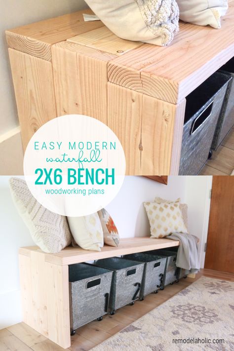 Diy Long Wood Bench, How To Build A Simple Bench, Diy Entryway Bench With Back, Diy Wood Bench With Storage, Simple Diy Bench Entryway, Entryway Bench Dimensions, Entry Seating Bench, Diy Foyer Bench Entryway, Diy 2x6 Wood Projects