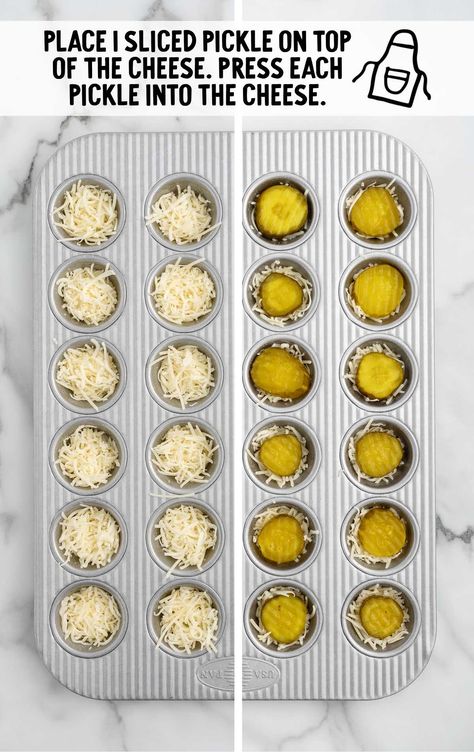 dill pickle slice placed on top of the cheese in each muffin cup Pickle Bites Appetizers, Keto Pickles And Cheese, Pickles And Cheese In Oven, Cheese And Pickle Chips, Pickles With Cheese, Keto Pickle Chips, Cream Cheese Pickles, Pickle Bites, Pickles And Cheese