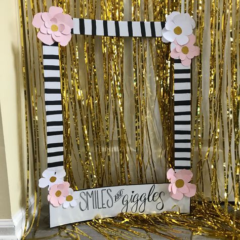 Picture frame for a photo booth at my daughters 1st birthday   #pictureframe #photobooth #firstbirthday #birthdayparty #photoprop #smilesandgiggles #party #kidsbirthdayparty #kidsbirthday Party Picture Frame Ideas, Selfie Photo Frame Diy, Photo Booth Frame Ideas, Picture Frame Photo Booth Birthday, Princess Photo Booth Frame, Picture Frames For Parties, Framed Photo Booth Strips, Picture Booth, Party Photo Frame