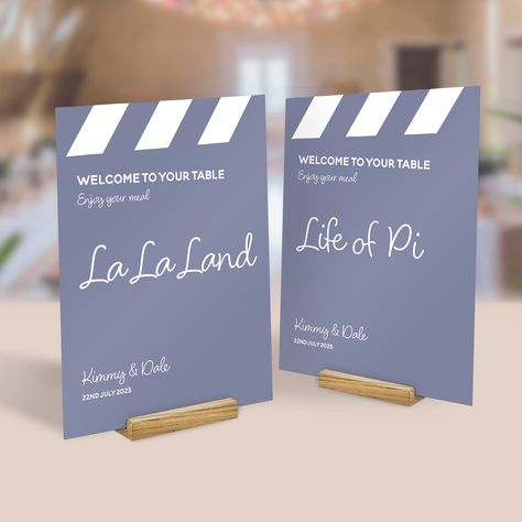 Movie Themed Table Numbers, Movie Wedding Seating Chart, Movie Themed Seating Chart, Movie Wedding Centerpieces, Movie Table Numbers, Film Themed Wedding, Wedding Movie Theme, Movie Wedding Ideas, Movie Wedding Theme