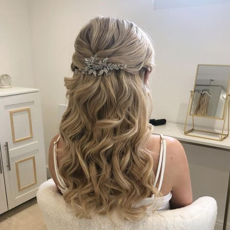 Light Curls Half Up Half Down, Prom Hairstyles Half Up Half Down Elegant Hair Accessories, Prom Hairstyles For Corset Dress, Curled Half Up Half Down Hair, Half Up Half Down Hair With Accessories, Half Up Half Down With Hair Piece, Prom Hair With Hair Piece, Prom Hair Medium Length Half Up, Curled Half Up Half Down Wedding