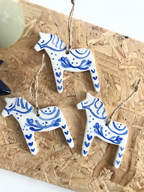 http://www.instagram.com/ellaandblue Horse Keepsake, Horse Folk Art, Swedish Dala Horse, Horse White, Clay Christmas Decorations, Horse Ornaments, Clay Hand, Christmas Clay, Clay Crafts Air Dry