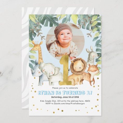 Boy 1st Birthday Safari Jungle animals blue photo Invitation Photo Jungle, 1st Birthday Safari, First Birthday Photo, Tropical Greenery, Animals Watercolor, 21st Birthday Invitations, Baby Boy First Birthday, Watercolor Tropical